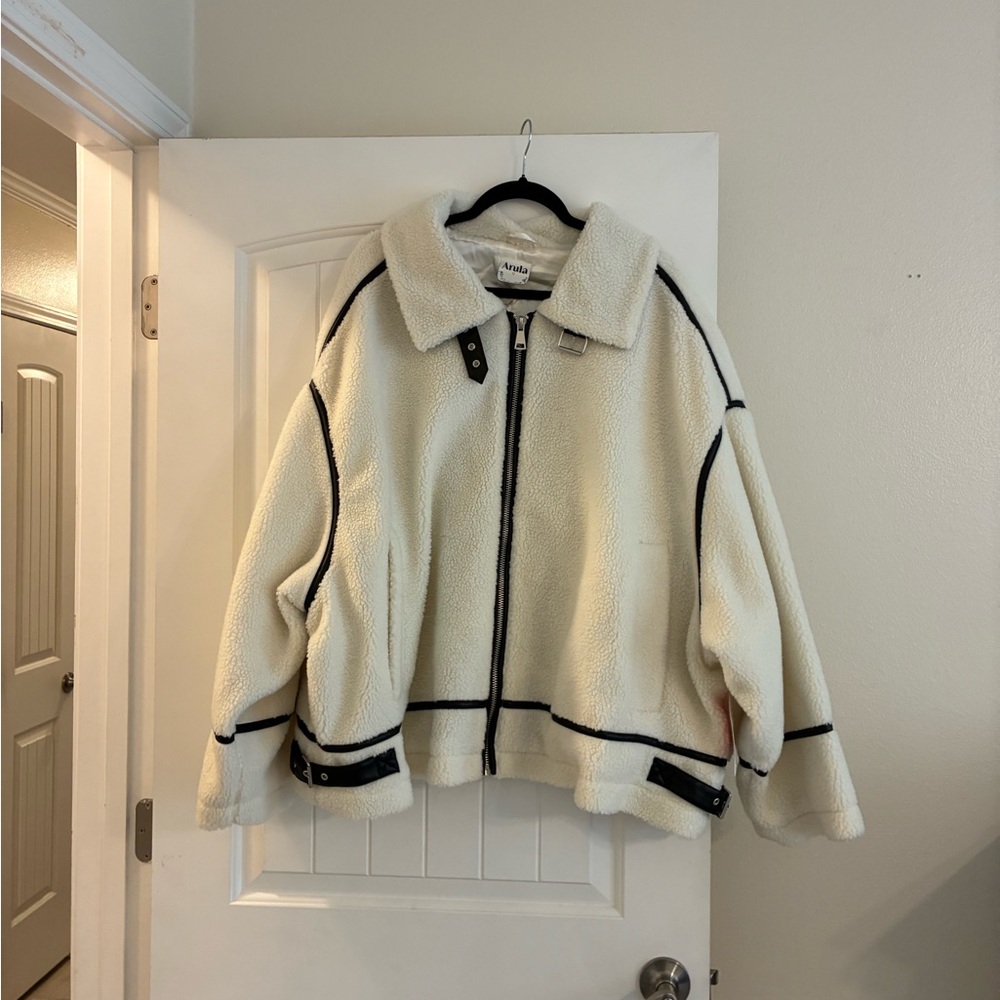 Cream Teddy Jacket with Black Accents
